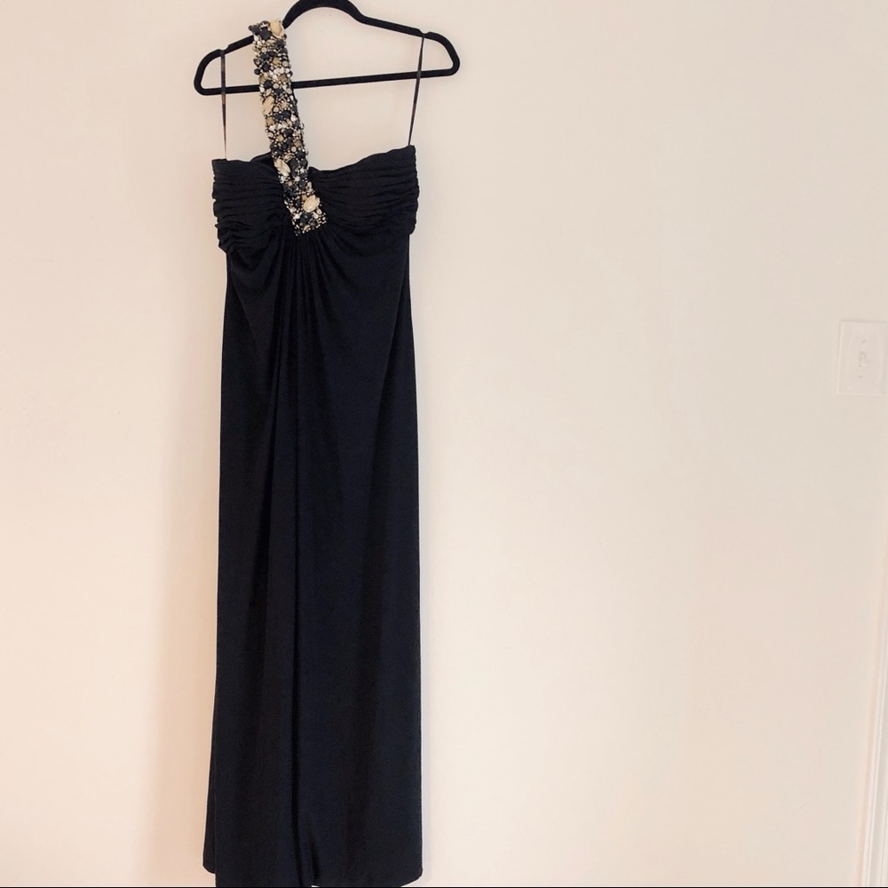 Evening gown with bejeweled cross body strap